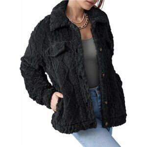 Women's Winter Fleece Heating Jacket Button Down Stand Collar with Pockets Coat